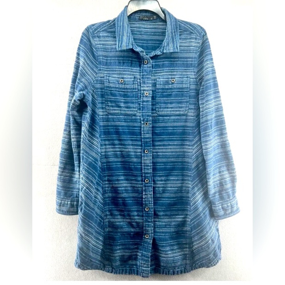 Prana Blue Dyri Above Knee Dress Women's Size XL Button Long Sleeve Shirtdress